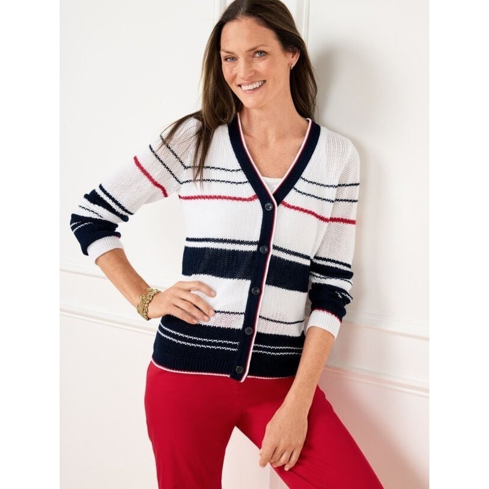 Talbots Cardigan Sweater 1X White Navy Red Pop Stripe Cotton Knit VNeck Nautical